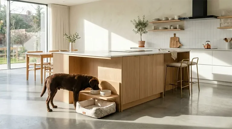 A wide architectural shot of a sleek modern kitchen featuring a beautifully integrated pet feeding station setup in a light oak island