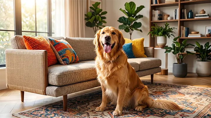 A smiling Golden Retriever resting on a plush rug after completing intense indoor dog exercises