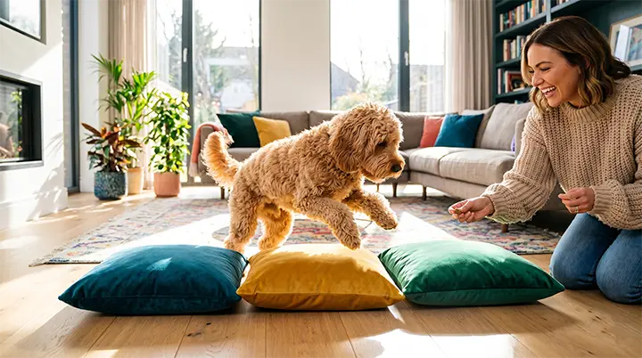 A cute fluffy dog navigating couch cushions as part of fun indoor dog exercises