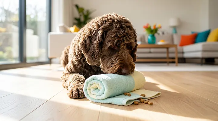 A focused Labradoodle solving a towel puzzle which is one of the best indoor dog exercises