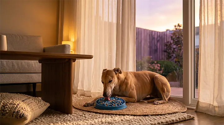 A relaxed dog licking a silicone mat to cool down after intense indoor dog exercises