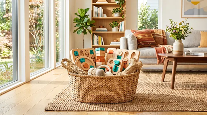 A basket of beautiful wooden puzzle toys used for daily indoor dog exercises