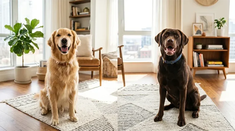 A happy Golden Retriever vs Labrador Retriever sitting side by side in a modern living room