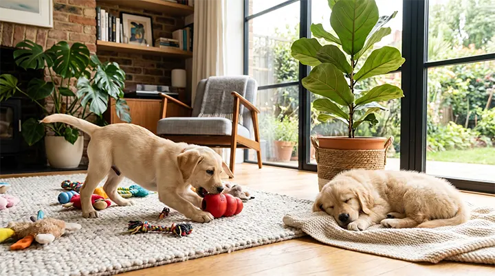 Evaluating the Golden Retriever vs Labrador Retriever puppy energy levels in a beautifully styled home