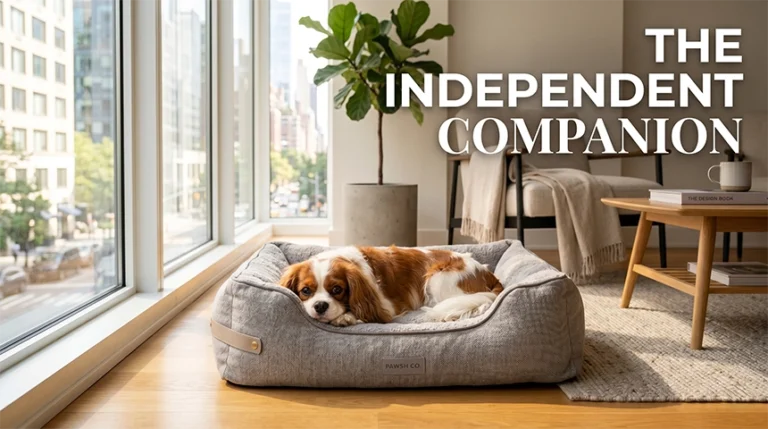 A calm Cavalier King Charles Spaniel resting on a premium bed, demonstrating how to soothe dog separation anxiety.