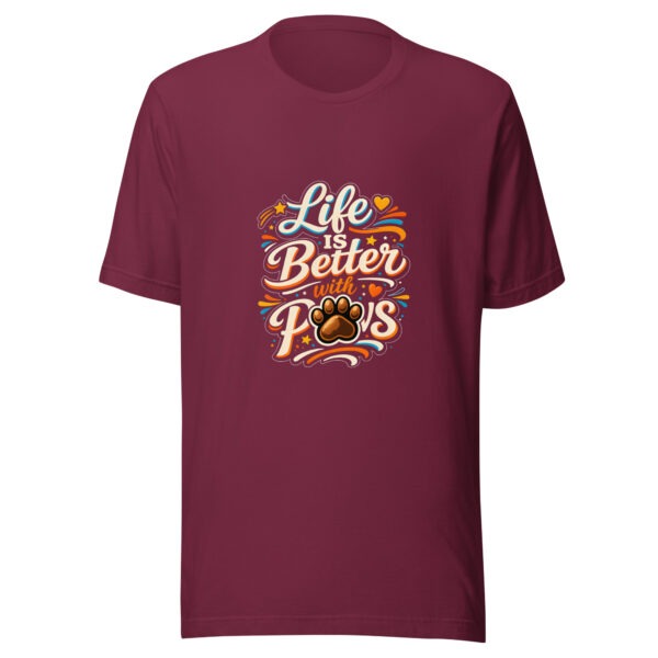 unisex-staple-t-shirt-maroon-front-69eb29aa70cee.jpg Retro Dog Lover T Shirt Life Is Better With Paws (PD028_T01)