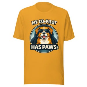 unisex-staple-t-shirt-mustard-front-69d3bbf26ee6c.jpg My Co Pilot Has Paws Funny Dog Unisex T Shirt Light Edition (PD023_T01)