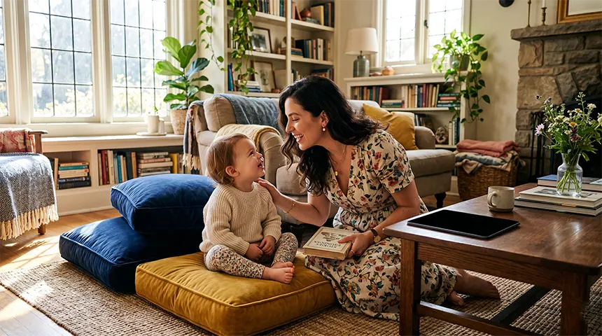 A mother uses gentle storytelling to transition her toddler away from screen time in a warm living room.