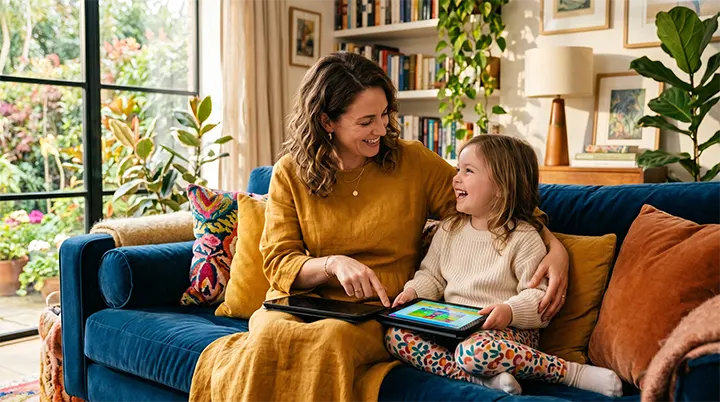 A parent turning down tablet volume while starting a gentle storytelling session.