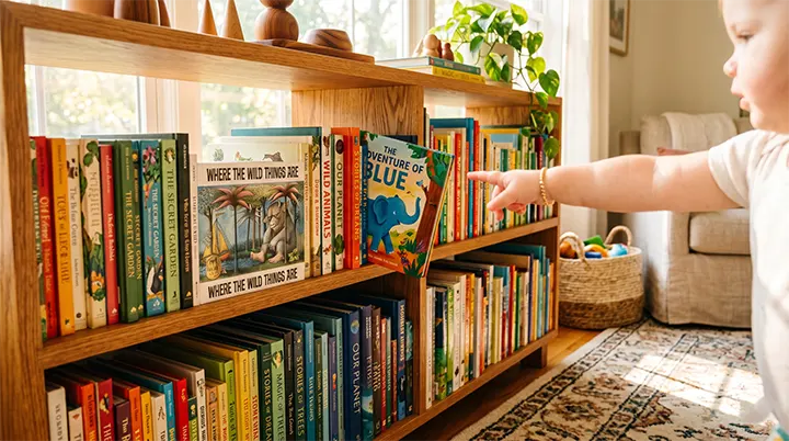 Transitioning from gentle storytelling to a physical book on a forward-facing shelf.
