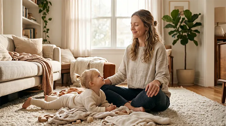 A mother patiently waiting to resume gentle storytelling during a screen withdrawal meltdown.