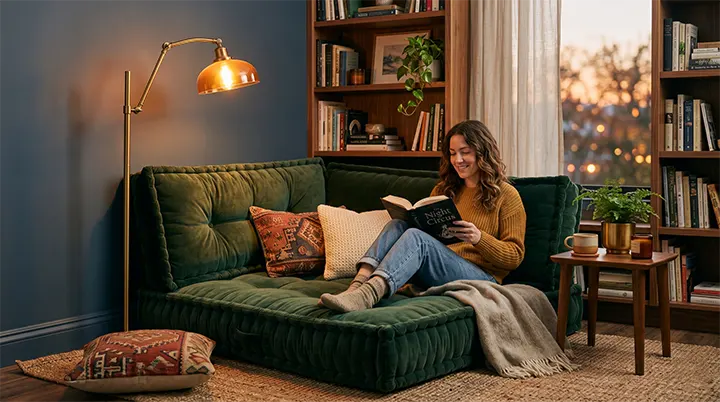 An amber reading lamp and velvet floor cushion set up for gentle storytelling.