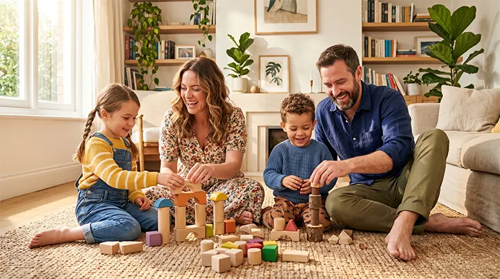 A family laughing and playing together after successfully using gentle storytelling.