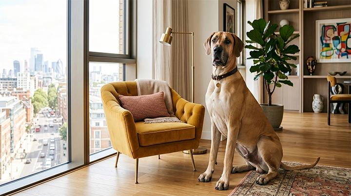 A calm Great Dane sitting beside a small chair showing how large apartment dogs fit perfectly into tiny spaces
