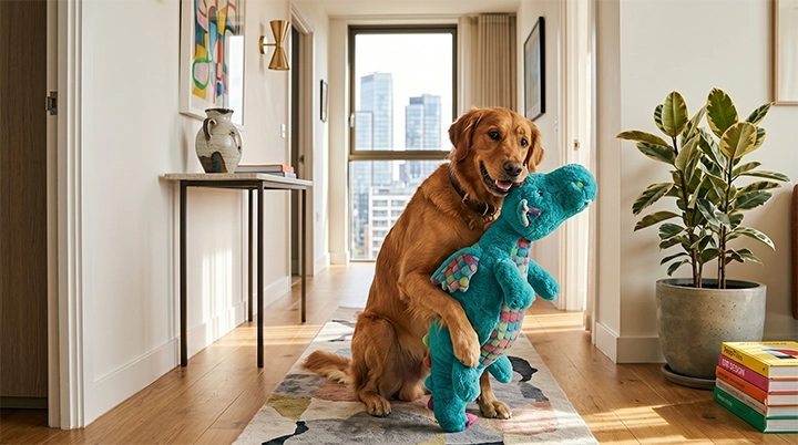 A playful golden dog with a toy representing common energy mistakes when selecting large apartment dogs