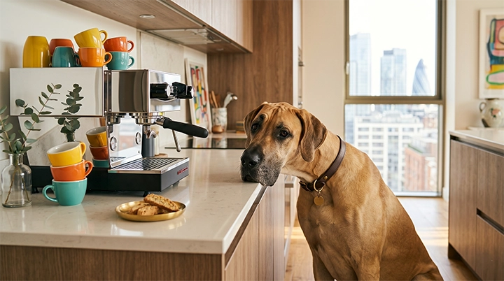A Great Dane resting its chin on a kitchen counter proving they are gentle large apartment dogs
