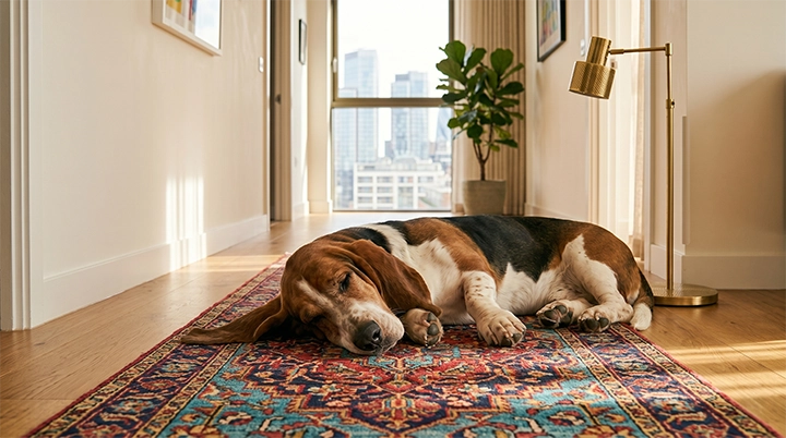 A sleepy Basset Hound on a rug demonstrating the low energy of heavy large apartment dogs