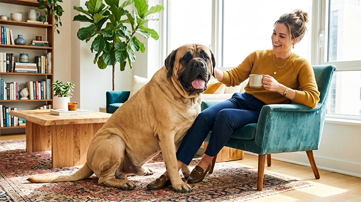 A loyal Mastiff leaning on its owner showing the affectionate nature of large apartment dogs