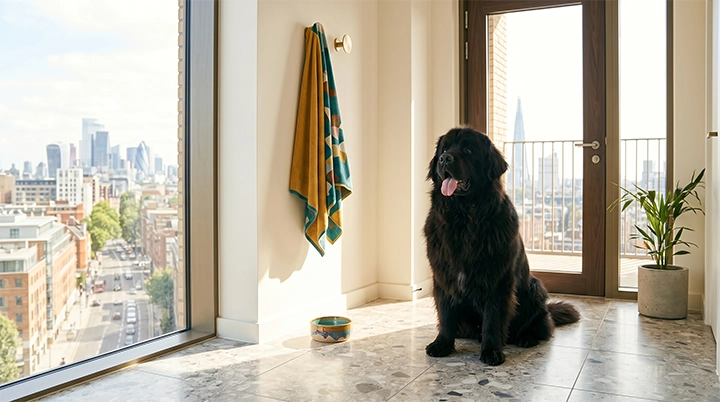A fluffy Newfoundland dog cooling off on a tile floor representing sweet natured large apartment dogs