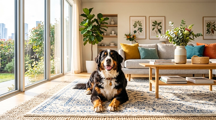 A beautiful Bernese Mountain Dog smiling indoors highlighting stunning large apartment dogs