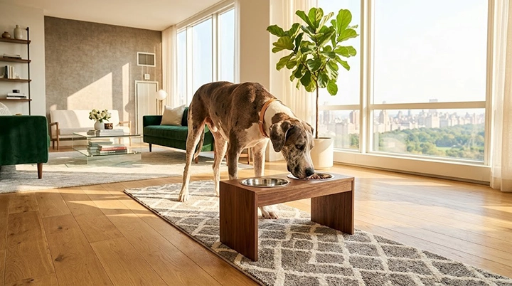 A large dog using an elevated feeding station on a rug showing how to design a space for large apartment dogs