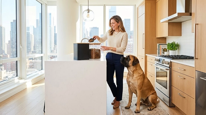 A woman using a chic bulk food storage bin in a kitchen demonstrating the logistics of feeding large apartment dogs