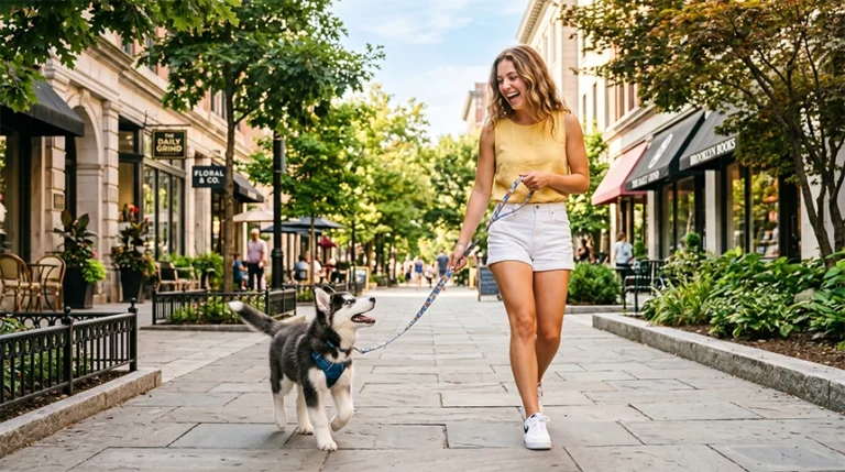 A happy dog walking in the city highlighting urban dog heatstroke prevention routines