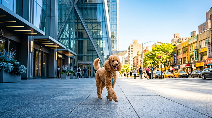 A small dog walking in building shadows for urban dog heatstroke prevention