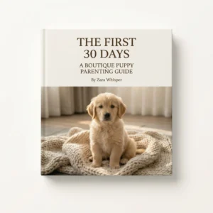 The First 30 Days - Studio Product Shot Cover Mockup Studio flat-lay mockup of the front cover of Zara Whisper's puppy parenting book, The First 30 Days: A Boutique Puppy Parenting Guide.
