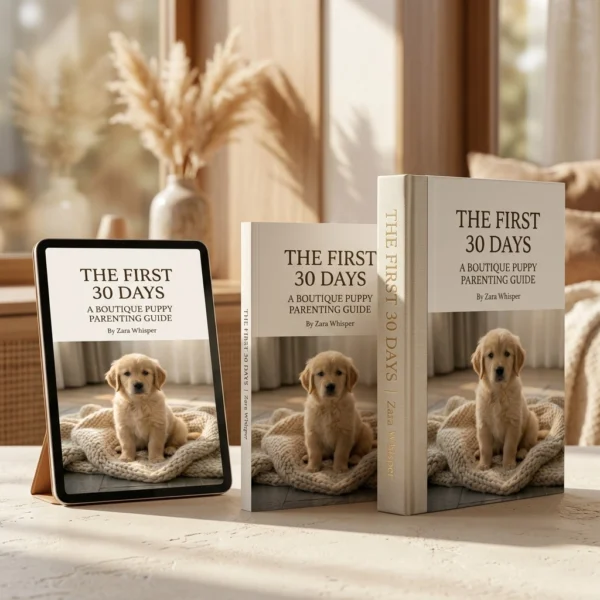The First 30 Days - 3-Format Decoy Stack Product Suite Three formats of Zara Whisper's puppy guide, The First 30 Days, including digital iPad, paperback, and hardcover formats, styled in a sunlit premium home interior.