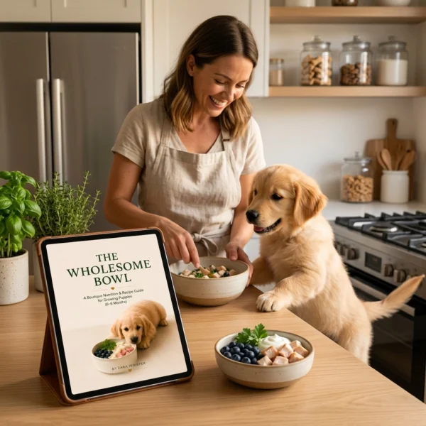 The Wholesome Bowl - Puppy Routine and Nutrition Planning A Golden Retriever puppy waiting for food next to a kitchen counter holding The Wholesome Bowl guide.