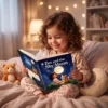 Zoe and the Shy Moon Bedtime Reading Lifestyle Young child happily reading Zoe and the Shy Moon book at bedtime