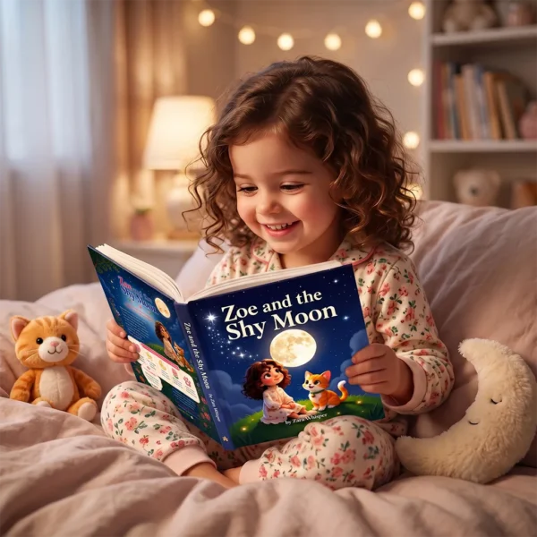 Zoe and the Shy Moon Bedtime Reading Lifestyle Young child happily reading Zoe and the Shy Moon book at bedtime