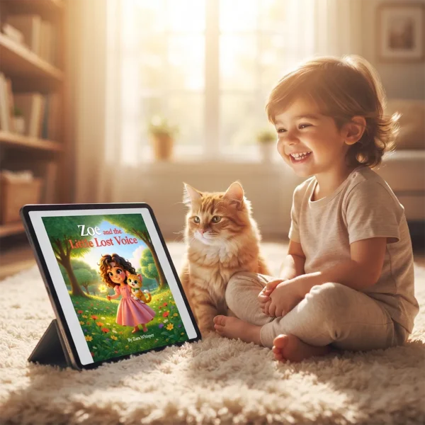 Zoe and the Little Lost Voice Child Lifestyle Reading Young child smiling and reading Zoe and the Little Lost Voice storybook in a sunlit cozy living room