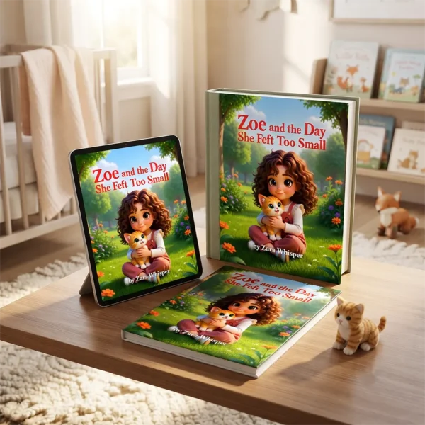 Three formats of Zoe and the Day She Felt Too Small book displayed together including tablet paperback and luxury hardcover