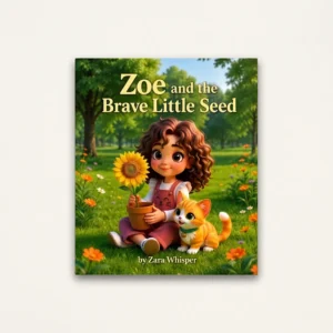 Minimalist flat lay studio shot of Zoe and the Brave Little Seed children book cover on off-white background