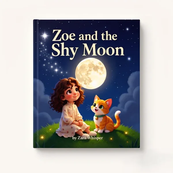 Zoe and the Shy Moon Studio Product Shot Minimalist 1:1 studio product shot of Zoe and the Shy Moon children book on off white background