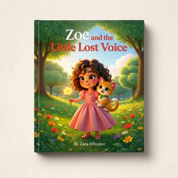 Zoe and the Little Lost Voice Studio Product Shot Minimalist flat lay of Zoe and the Little Lost Voice children book cover on a soft cream background