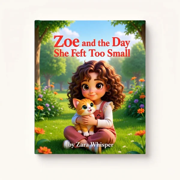 Minimalist flat lay product shot of Zoe and the Day She Felt Too Small book cover on an off white background